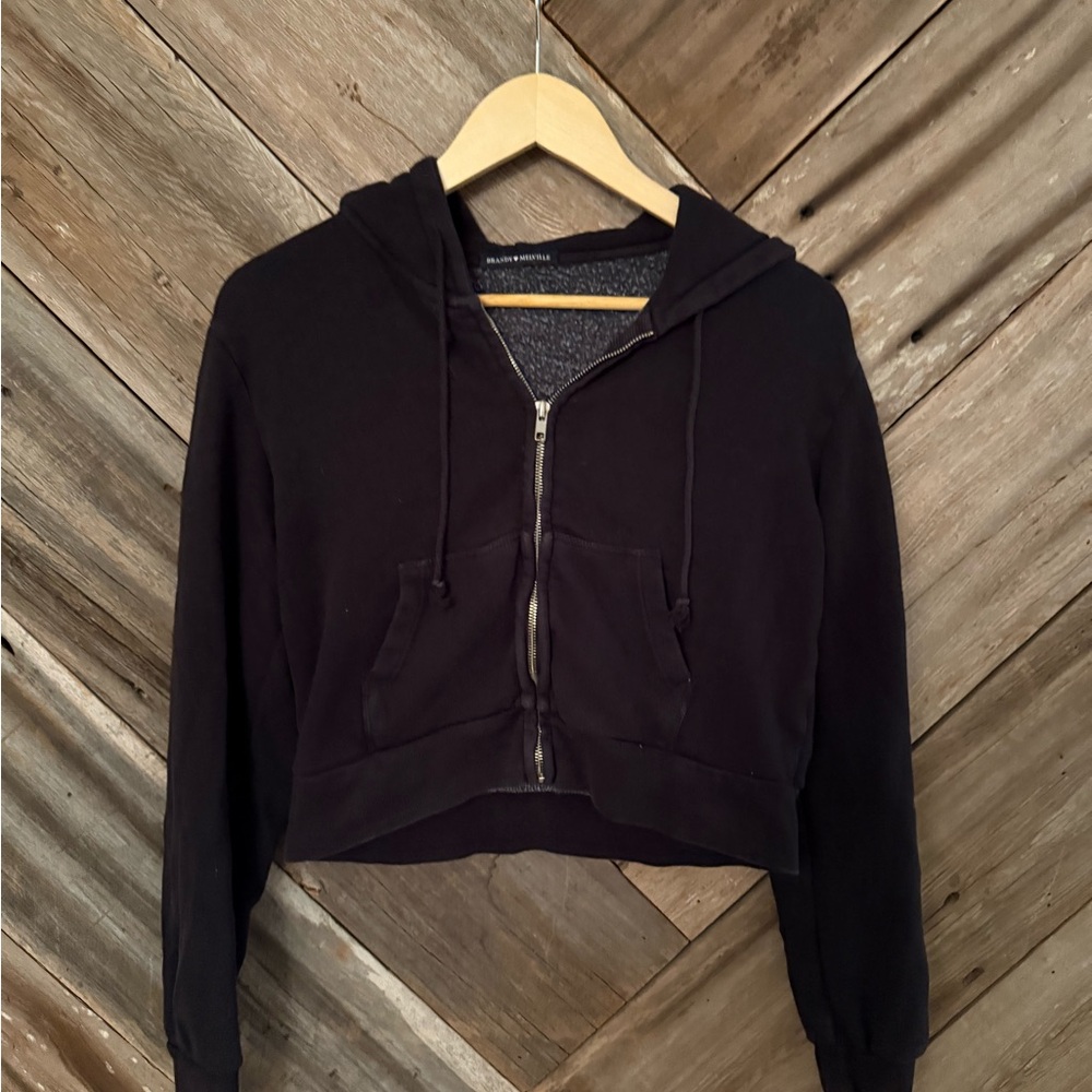 Brandy Melville Black Zip-Up Cropped Hoodie